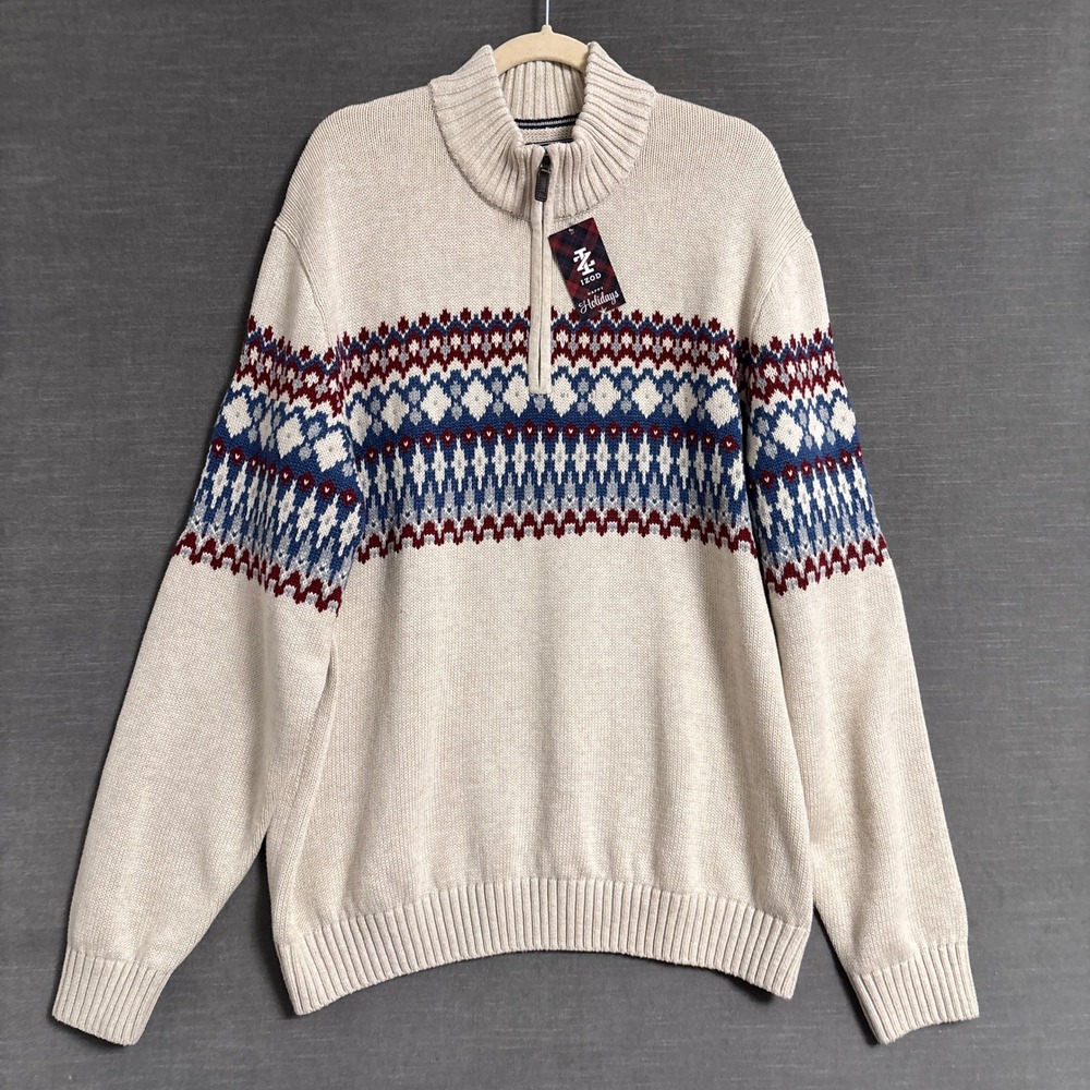 NEW‎ IZOD Sweater XL Rock Heather Fair Isle Cotton Quarter Zip Pullover